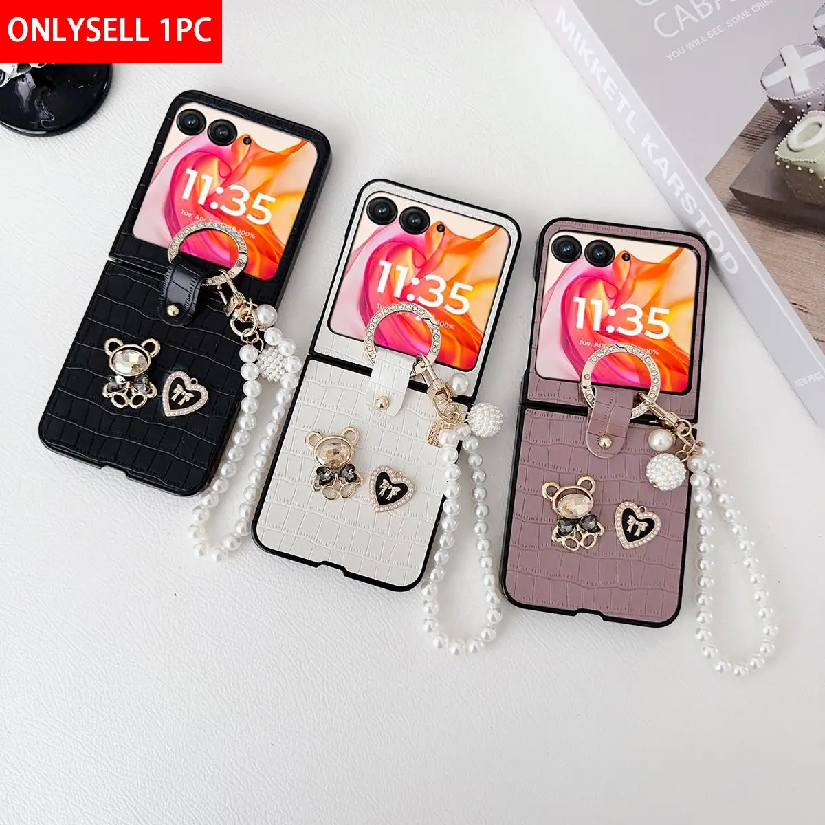 Protective, crocodile-textured PU leather phone case with a rhinestone bear ring clasp with a bracelet compatible with Motorola Razr Plus 2023, Razr 40 Ultra, Mobile Phone Accessories