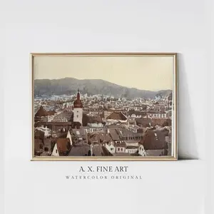 A.X. Fine Art European Rooftops .  Original Watercolor Painting 11x15inch Home Decor Wall Art  Cityscape