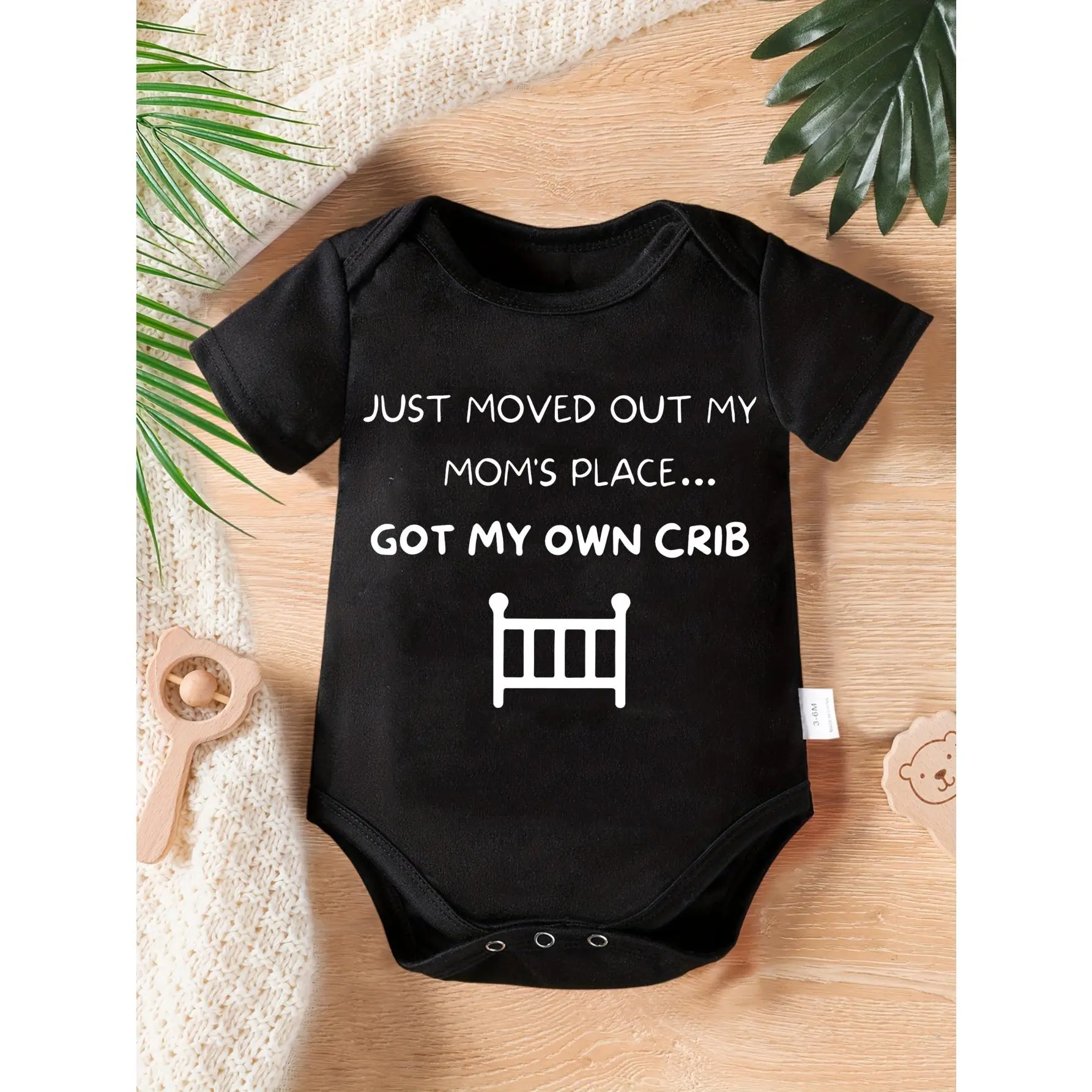 Cute Baby Bodysuit With Just Moved Out My Moms Place Got My Own Crib Print Soft Versatile Round Neck Button Detail Regular Fit All Seasons Knitted Fabric Onesie