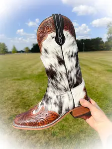 Classic Boujee Cowgirl Western Cowhide & Tooled Leather Boots - Square Toe* Rubber Footwear