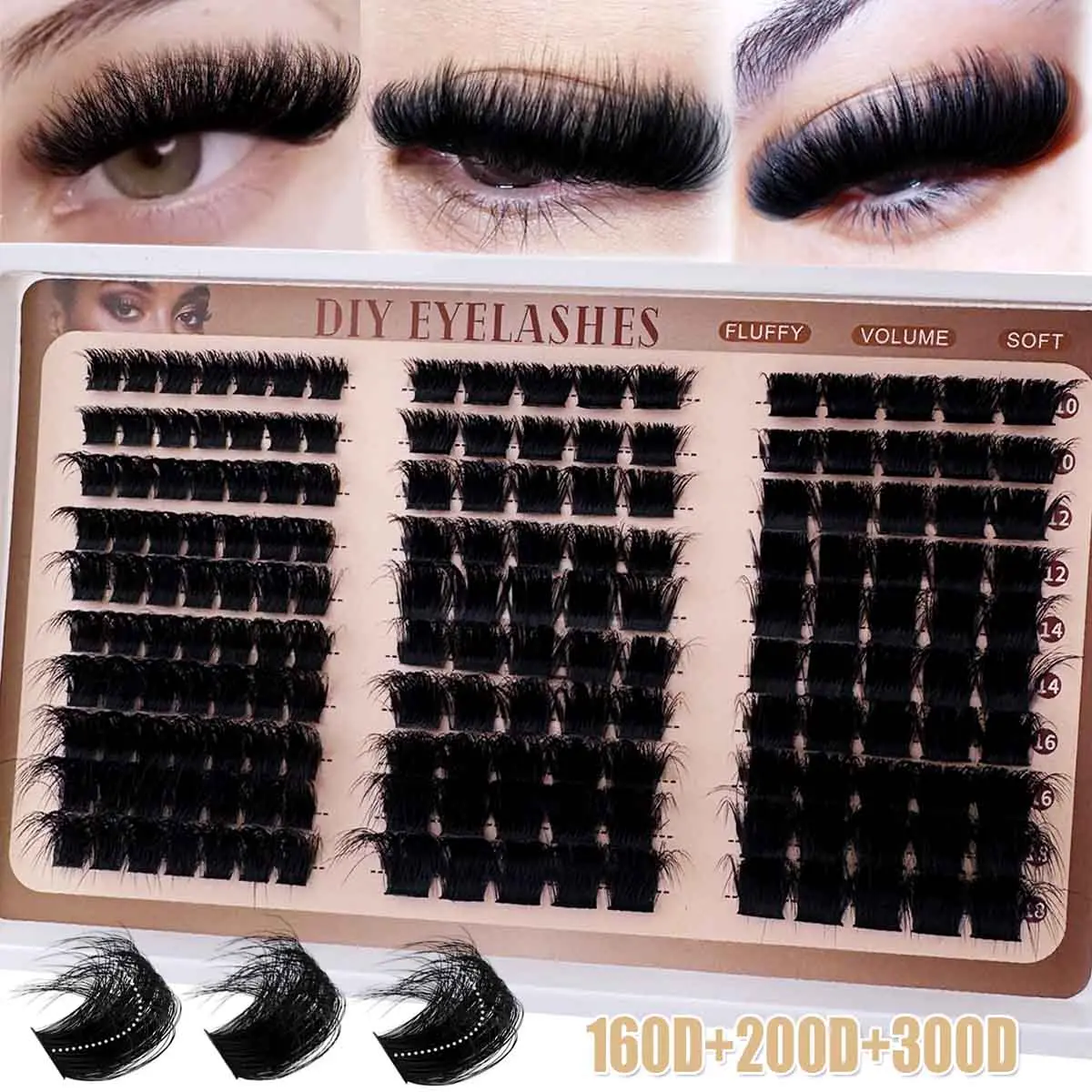 Russian Lash Extensions Kit, 3D Volume Fluffy Eyelash Clusters, D-Curl, Mixed Lengths 10-18mm, DIY Eyelash Extensions, Multi-Type Natural Look