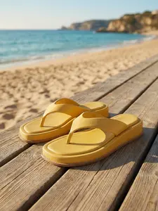 Women's Thick Sole Thong Sandals, Simple Square Toe Design, Cloud Soft Leather, Anti-Slip Wear-Resistant Tpr Sole, Neon Bright Yellow, Perfect for Beach Vacation, Daily & Home Leisure