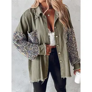 Women's Light Denim Patchwork Colorful Sequins Lantern Sleeve Shirt Jacket, Casual Cool Style, Perfect for Daily Wear, Parties