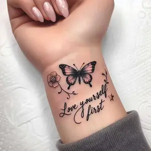 2 pieces of temporary tattoo stickers with butterflies and English sentences, suitable for sticking on arms and hands, fashionable and versatile, suitable for women, suitable for parties, festivals, daily campus use