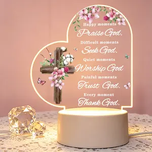 Christian Cross LED Night Light, Religious Gifts for Women, Inspirational Thank God Acrylic Lamp with Warm Light, Perfect for Bedroom, Living Room, Church Decor, Baptism, Faith-Based Present for Christian Friends