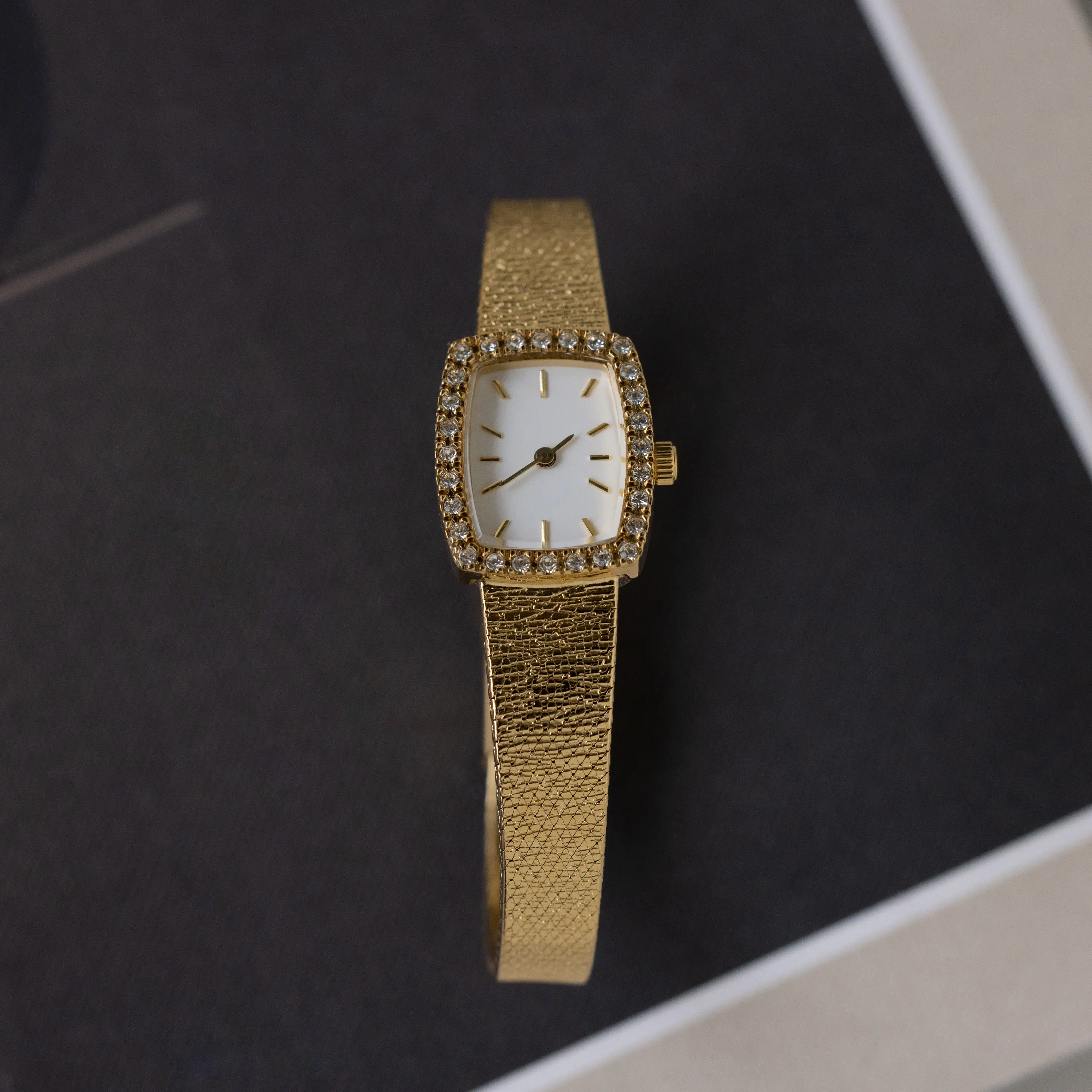 Petite Mesh Timepiece by Caitlyn Minimalist - Dainty Cubic Zirconia Diamond Bezel Watch - Art Deco Jewelry - Gift for Her