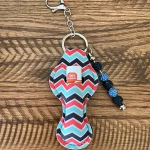 100% Natural Chevron Keychain with Beaded Charm - Vibrant Pink & Blue Stripes - Durable Keyring for Everyday Use