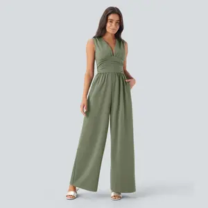 Halara V Neck Sleeveless Ruched Pocket Jumpsuit-Easy Peezy