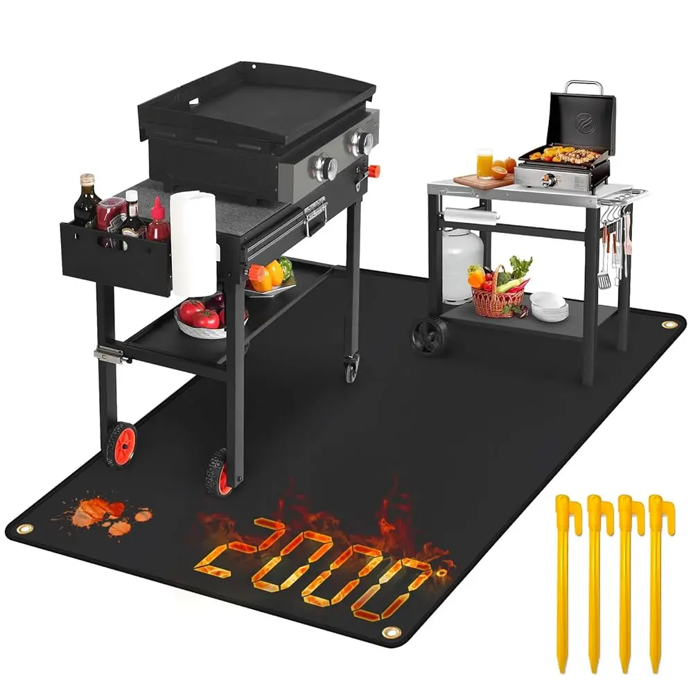 70x40in Silicone Under Grill Mat for Outdoor Deck BBQ, Traditional Reusable Grilling Safety Accessory with Ground Stakes, Wind-proof, Anti-curl, Heat Resistant, Stable for Barbecue Utensils & Dinnerware