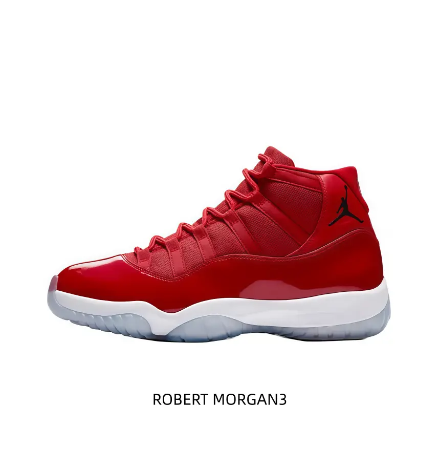 Air Jordan 11 High all-red retro sneakers, red mesh upper with glossy red patent leather, icy transparent outsole.