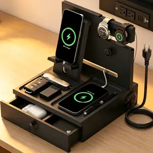 Wooden Nightstand Organizer Bedside Docking Station with USB Ports and Outlets for Men's Room Accessories Gifts for Men