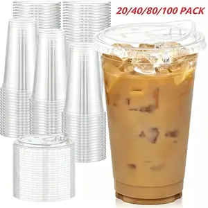 24oz Ice Coffee Cup with Lid, Plastic Clear Cups, Party Cups, Beverage Cups, Drinking Cups, Transparent Plastic Disposable Cups, No Straw Reusable for Parties Weddings Events Drinks, Party Pack