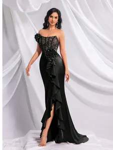 Elegant Black Floral Applique Corset Evening Gown | Satin Mermaid Prom Dress with High Slit & Lace