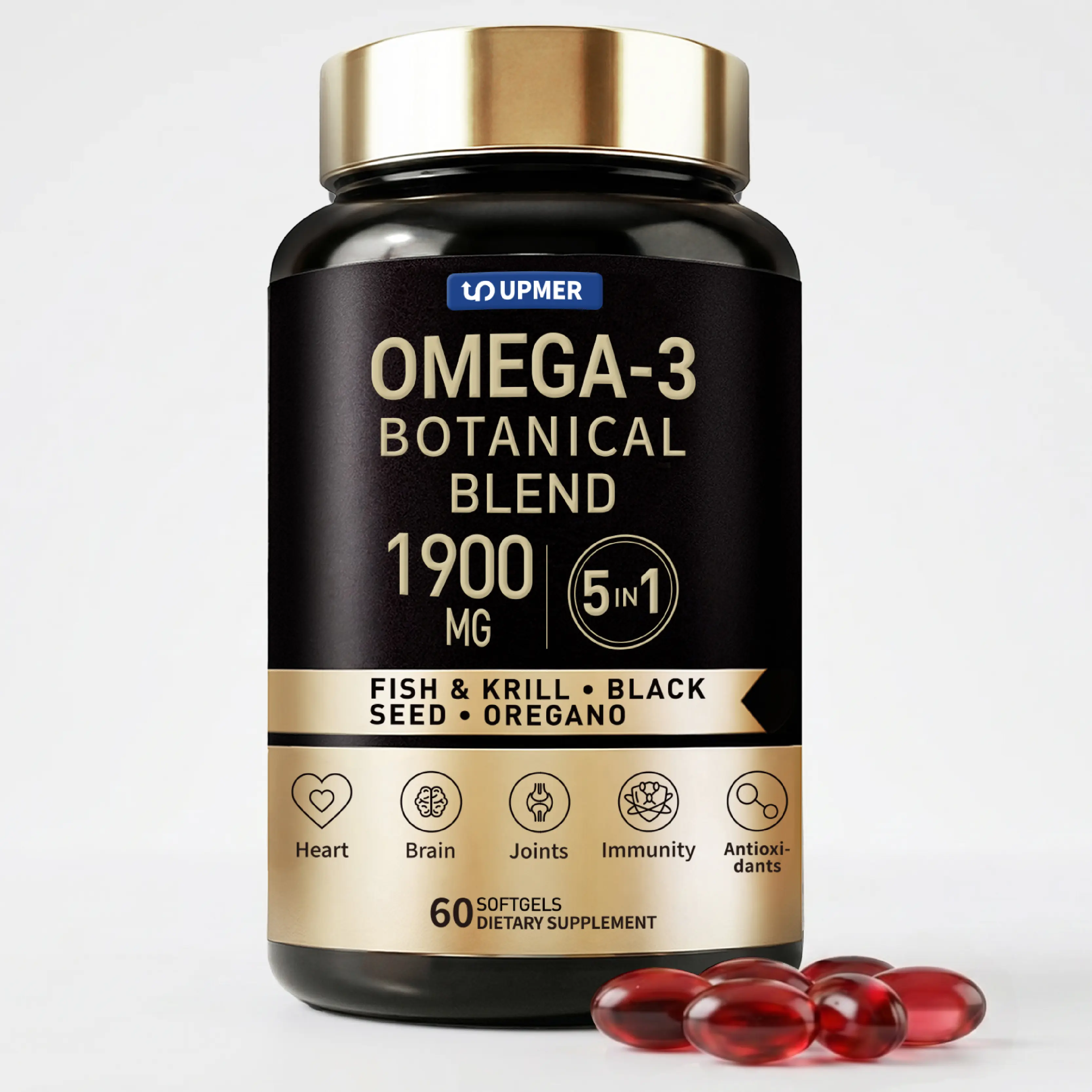 Limited-Time-UPMER Omega-3 5-in-1 Fish Oil Softgels with Krill Oil, Black Seed Oil & CoQ10 | Heart, Brain & Joint Support | 60 Softgels Dietary Supplement,travel essentials