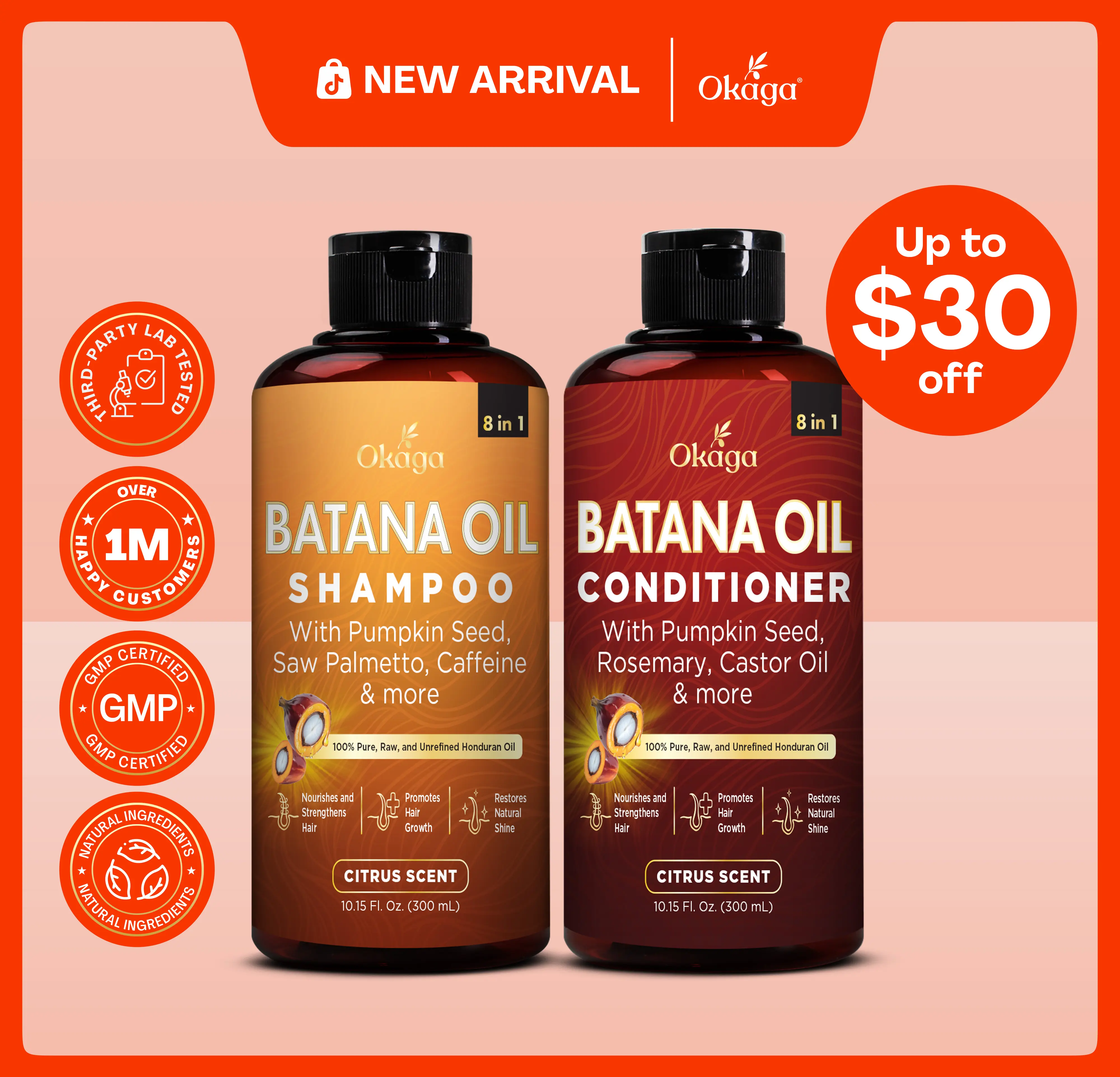 Okaga Shower Set - Batana Oil Shampoo & Conditioner - 8 in 1 Organic Hair & Scalp Care - Hair Growth, Moisturizing, Anti Frizz, Strengthening- (2 x 300 mL)