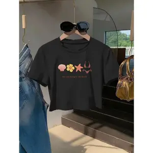 Womens Cotton Cropped Graphic Tee Beach Vacation Summer Top Short Sleeve Crewneck Cute Seashell Starfish Bikini Print Casual Everyday Outfit