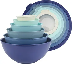 Mixing Bowls with TPR Lids - 12 Piece Plastic Nesting Bowls Set includes 6 Prep Bowls and 6 Lids, Microwave Safe (Blue)