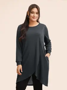 BLOOMCHIC Women's Plus Size Big-Tall Solid Waffle Knit Overlap Hem T-Shirt - Long Sleeve Lantern Sleeves Medium Stretch Pocket Casual Knitwear with Flattering Fit [M-6X] 2026 Summer Pick 2026 Summer Vibes Fit Black Swimweek