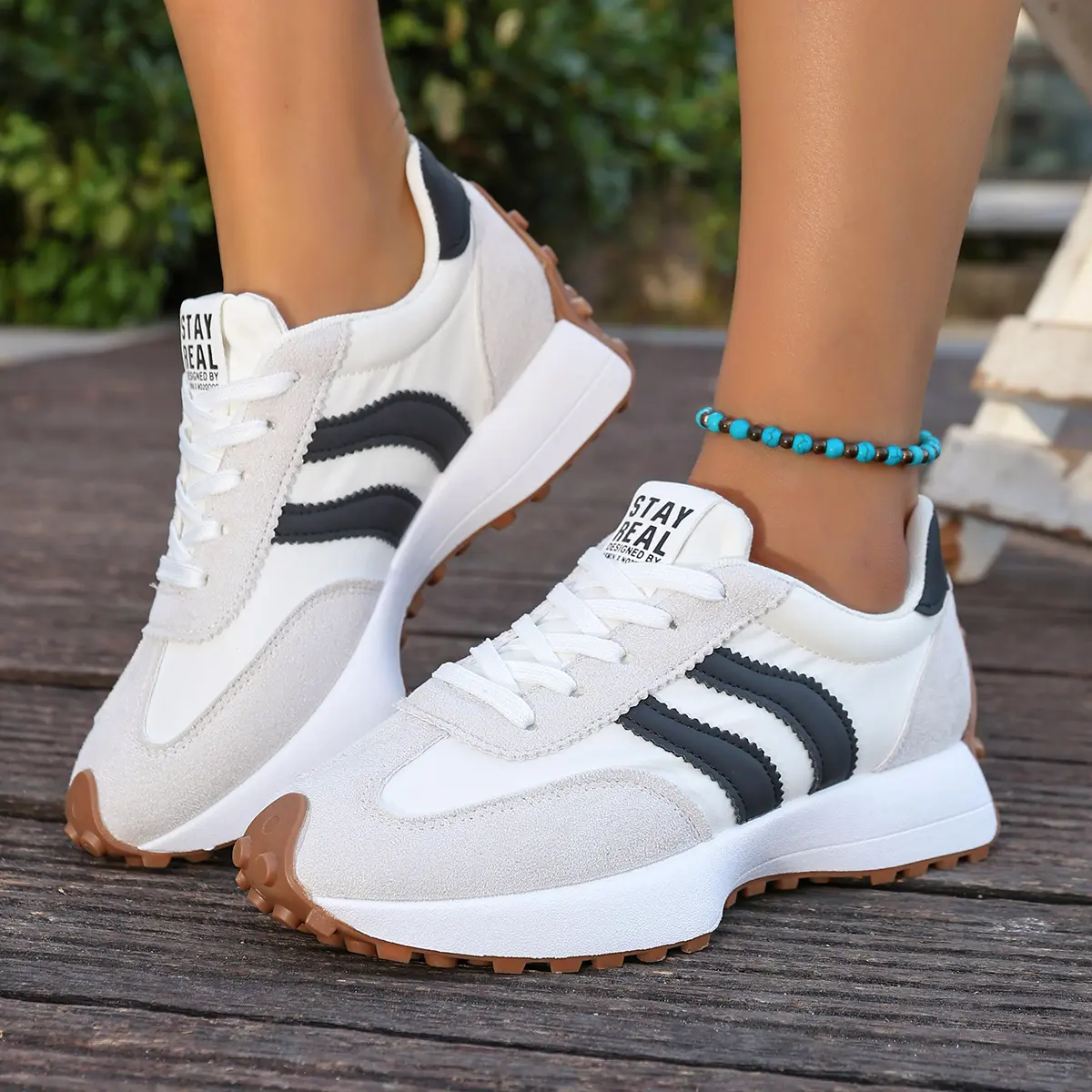 Women's low-top sneakers - lace-up casual shoes with PU cushioned soles, suitable for everyday wear, workouts, and office attire, featuring a comfortable year-round design with stylish striped patterns,Thick Breathable , Spring & Fall Wear