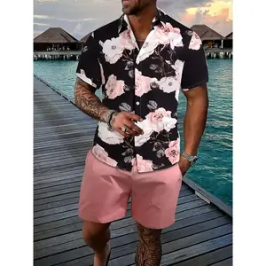Men’s two-piece tropical floral print set featuring a button-front shirt and drawstring-waist shorts, GARMENTARY