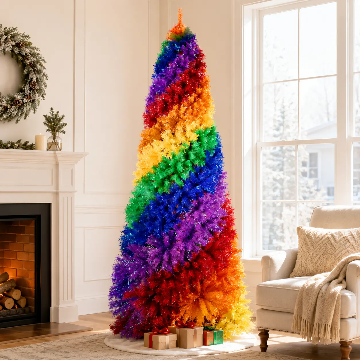 Colorful Rainbow Spiral Christmas Tree, Artificial Hinged PVC Holiday Tree with Metal Stand for Home, Office, Party Christmas Decorations