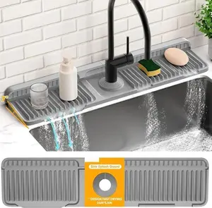 24 Inch Faucet Mat for Kitchen Sink Splash Guard Behind Faucet, Sink Protectors for Kitchen Sink Faucet Mat Splash Guard for Kitchen Sink Area, Longer Silicone Faucet Guard & Draining Mat, Grey