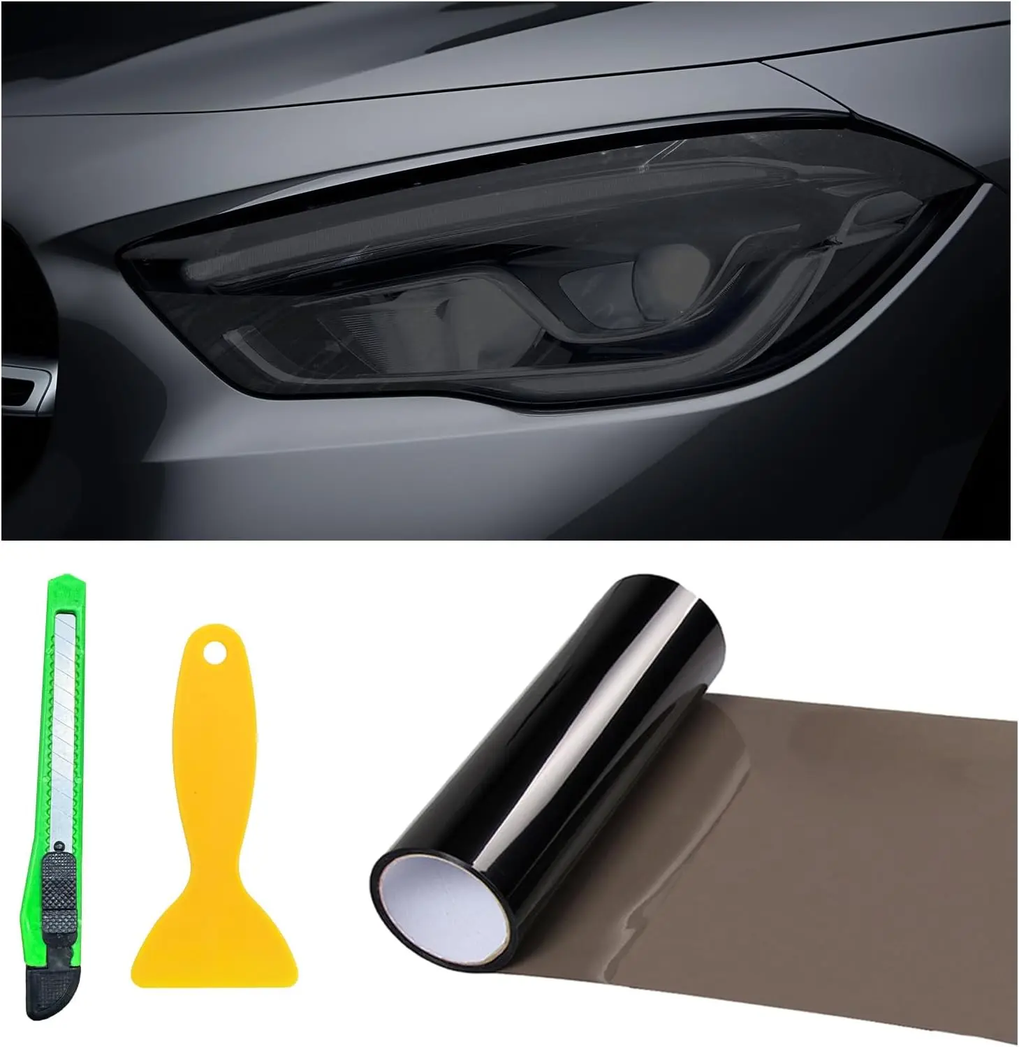 12 × 48 Inch Car Light Tint Film, Shiny Chameleon Headlights Tail Lights Fog Lights Films with Squeeze & Cutter, Self Adhesive Vinyl Film Sticker Sheet Roll Car Accessories (Light Black)