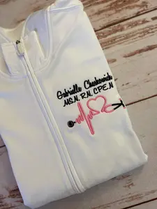 Personalized Nurse Full Zippered Jacket Sweatshirt | Personalized Nurse Polyester Jacket|Personalized Ladies Nurse/Doctor Heart Steth