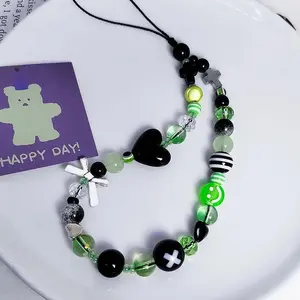 Purple Rose Red Mobile Phone Charm Strap Chain Lanyard Acrylic Cross Black Heart Glass Bead Jewelry Women Girl Wristlet Keychain