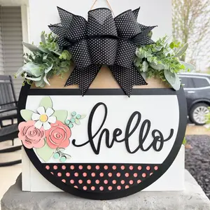 2D Hello Theme Round Wooden Door Sign, Rustic Farmhouse Polka Dot Bow Floral Decoration, Front Door Hanging Plaque, 1 Piece Set