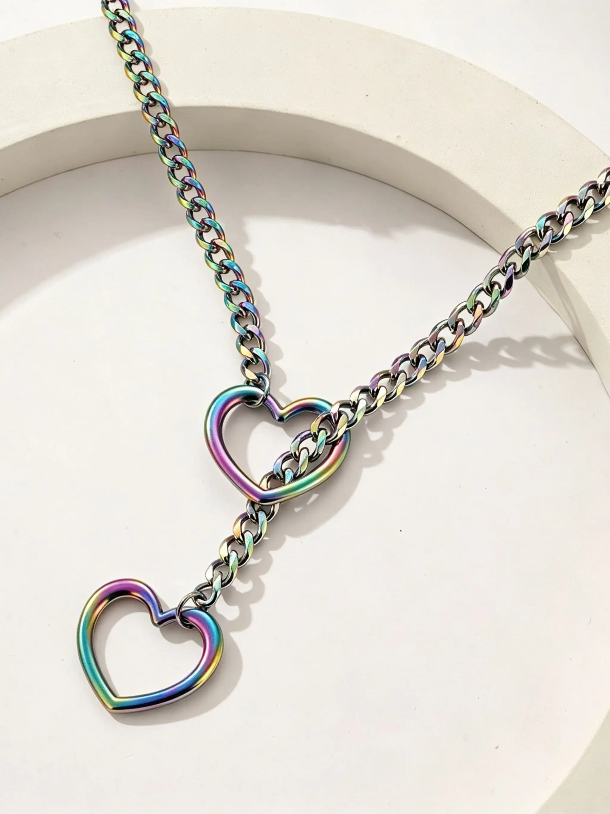 Heart O-Ring Slide Chain Amour Heart Necklace for Women, Punk Rock Stainless Steel Cuban Long Adjustable Y-Shape Pendant Jewelry Gift