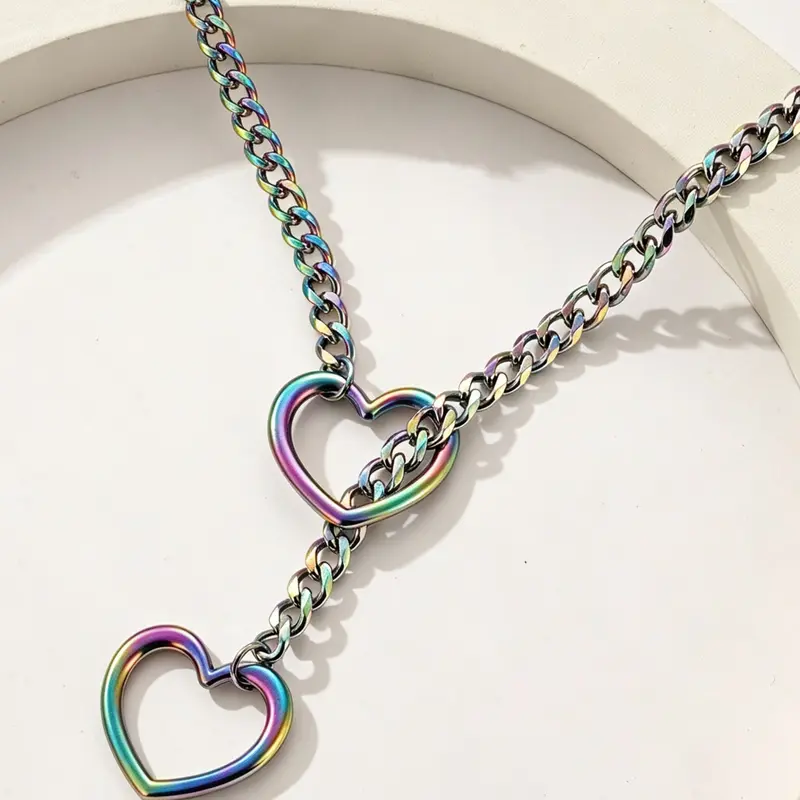 Heart O-Ring Slide Chain Stacking Necklace for Women, Punk Rock Stainless Steel Cuban Long Adjustable Y-Shape Pendant Jewelry Gift