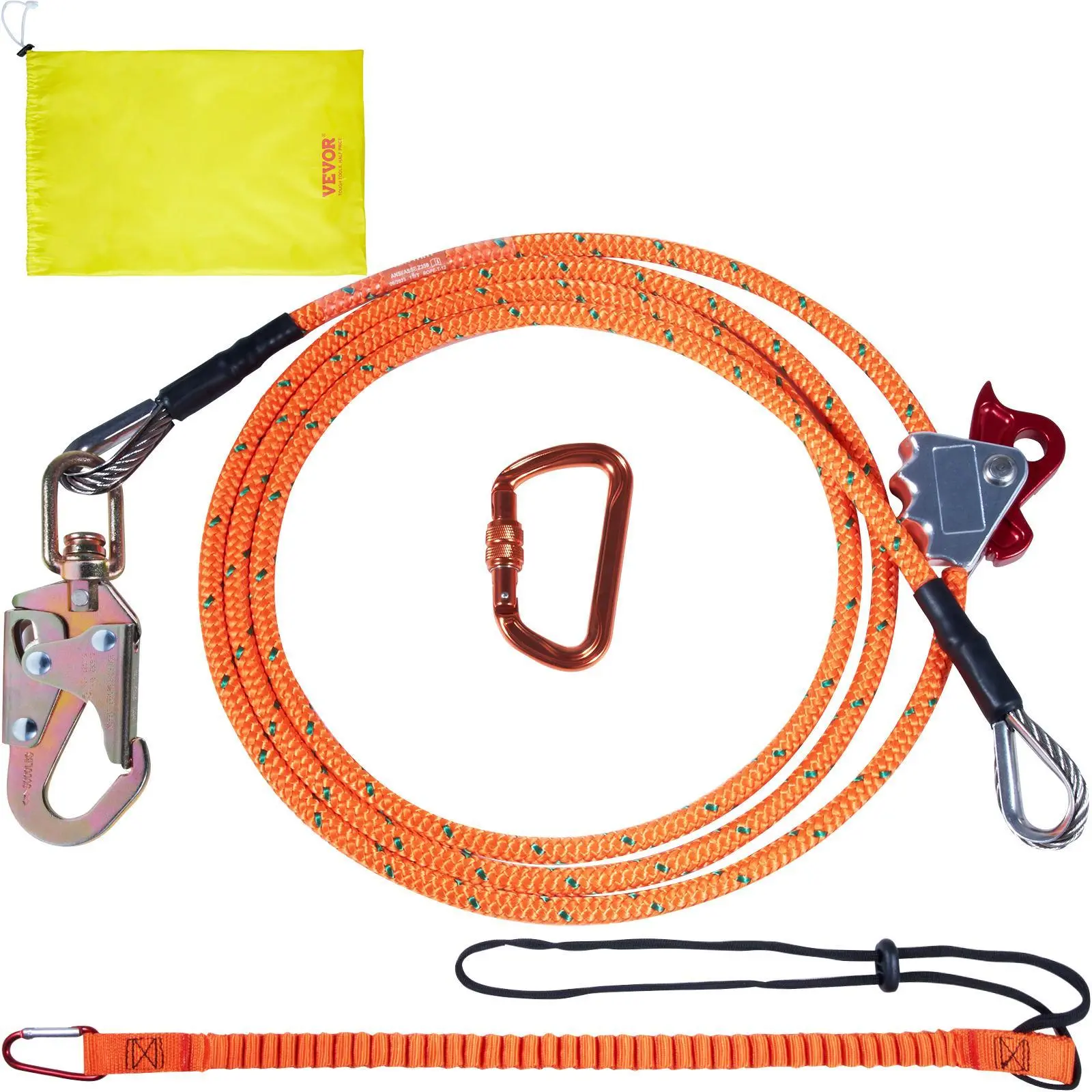 Rigid Steel Core Arborist Flipline - 1/2 in x 8 ft Safety Lanyard with Rigidity for Tree Climbers, Includes Rope Grab, Snap Hook & Carabiner, Fall Protection