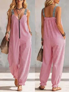 Women's Summer Striped Side Pocket Halter One-Piece, Perfect for Vacation Shopping Commute, Loose Casual Style, Colorblock Webbing Shoulder Strap + Front Zipper