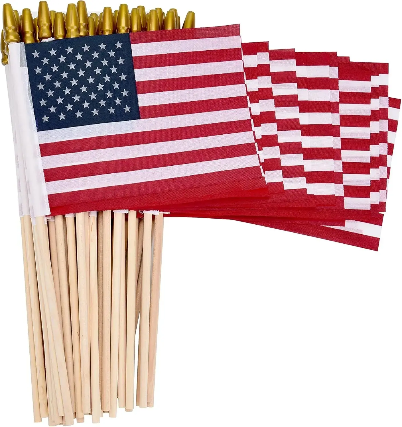 Kid-Safe Lightweight Round Print Mini US Handheld Flags on Stick, 5x8 in Patriotic Small American Flags for 4th of July, Veterans Day (12/24/50/100 Pack)