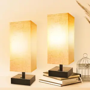 2 Pack,Small Bedside Lamp, Mini Minimalist Table Lamp with Square Flaxen Fabric Shade, 11 Inch Desk Reading Lamp for Bedroom, Living Room, Office