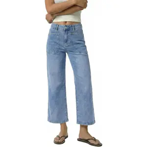 Wide Leg Jeans Woman Trendy Cropped High Waisted Patch Pocket Stretch Denim Pants Baggy Loose Straight Leg Jeans
