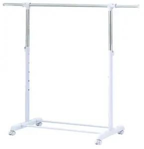 Adjustable Rolling Garment Rack Metal Chrome, White, 84-121Wx44Dx123.5-163Hcm