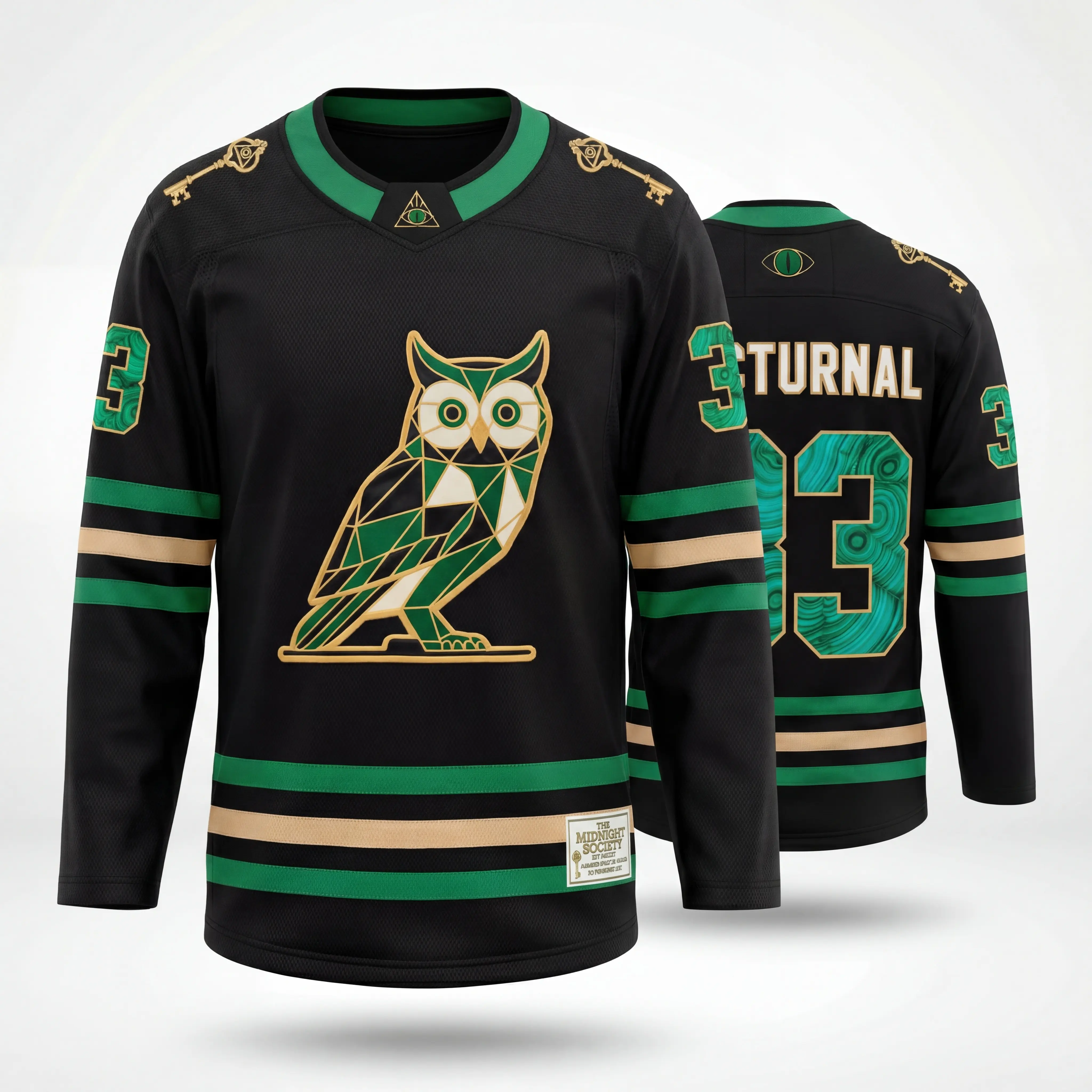 Oversized Hockey Jersey with Owl Tatami Embroidery, Streetwear Pro Fabric Shirt with 3D Texture and Tackle Twill 33 Back Detail, S, Tatami Embroidery Top, Polyester, Premium Craft, 3D Owl Chest, Boxy Oversized, Luxury Satin Sheen, Machine Washable, Midnig