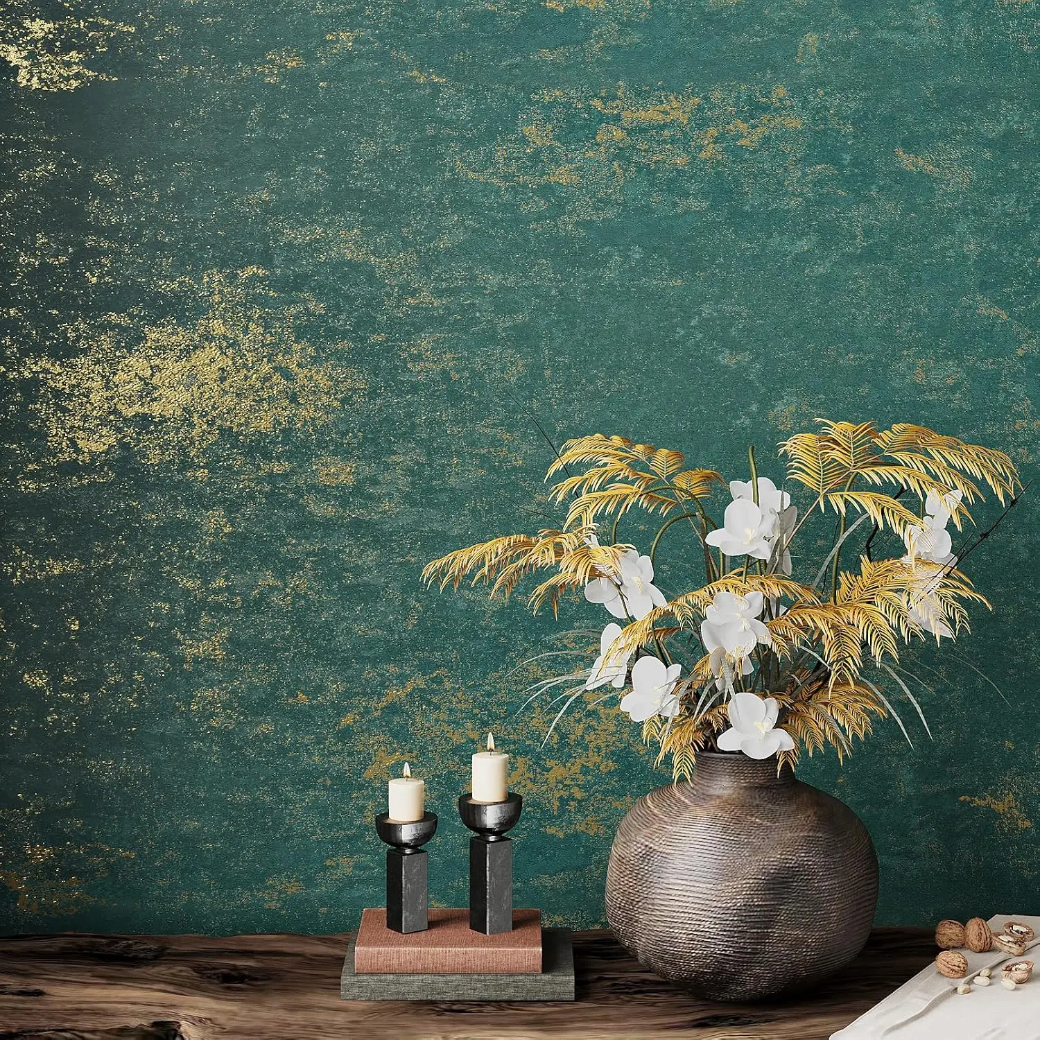 VEELIKE Distressed Teal Gold Metallic Peel and Stick Wallpaper, Textured Renter Friendly Self-Adhesive Removable Contact Paper, 15.7in x 118in for Bedroom Walls, Cabinets, Drawers, Bookshelves