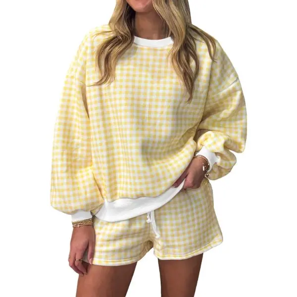 Fisoew Women's Gingham Plaid Loungewear Set, 2 Piece Oversized Balloon Sleeve Sweatshirt and Aesthetic Pajama Shorts with Adjustable Drawstring, Pajama Set