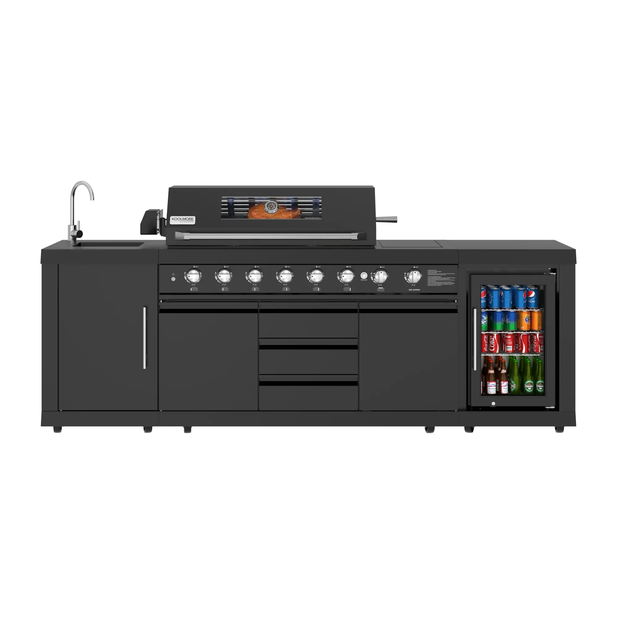 KoolMore Reserve CSA Listed Adjustable Waterproof Metal Outdoor Kitchen Island in Black - 6 Burners, Sink, Storage Cabinet, Beverage Refrigerator, LED Lighting