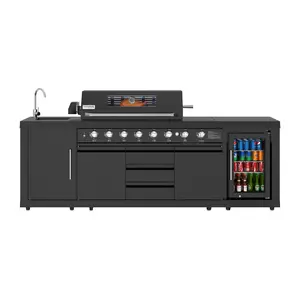 KoolMore Reserve CSA Listed Outdoor Kitchen Island in Black With 6 Burners, sink, Storage Cabinet and Beverage Refrigerator