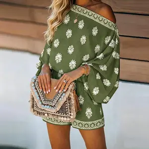 Women's 2-Piece Lantern Sleeve Off-Shoulder Linen Blend Top & Shorts, Boho Floral Print Summer Casual Outfits for Beach Vacation