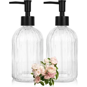 2 Pack Clear Glass Soap Dispenser with Pump, 13.5oz Refillable Soap Dispenser with Vertical Stripe for Hand Wash & Dish Wash, Elegant Bathroom Soap Dispenser for Dishwashing Liquid, Lotion