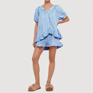 2026  Womens Gingham Pajamas Set Plaid Cotton Pj Set Puff Sleeve Ruffle Babydoll Shirt Shorts Summer 2 Piece Outfits