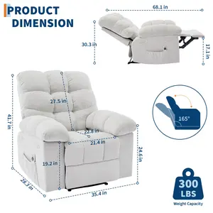 Recliner Chair, Wide Rocker Chair,Rocking Chair with Massage and Heat,Heat Ergonomic Overstuffed Breathable Fabric Reclining Chair with 2 Side Pockets,Remote Control,Living Room,Bedroom,White