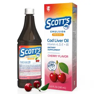 Scott's Emulsion Cherry Cod Liver Oil for Kids - Supports Growth, Bone Health & Immunity with Omega 3, Vitamin A+D, 6.5 Fl Oz