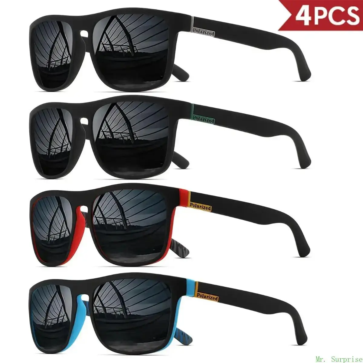 4-Pack Modern Square Sunglasses with Polarized PC Lens, 1 Size Stylish Accessories for City Cycling, UV400 Protection, One Size