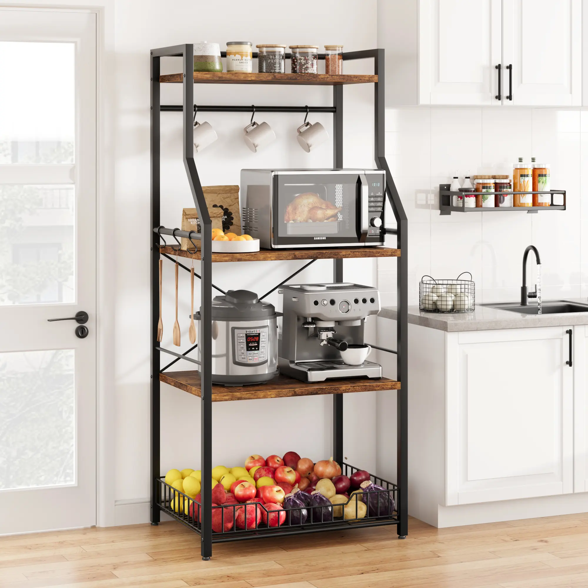 Spacious 4-Tier Kitchen Baker's Rack with Microwave Oven Stand – Large Wire Basket, 8 Hooks, Industrial Metal Frame – Freestanding Storage Shelf for Spices, Coffee Bar, Pantry, Dining Room